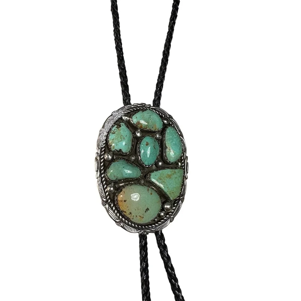 Sterling Silver Turquoise Bolo Tie Mens OS Green Southwestern Signed MT